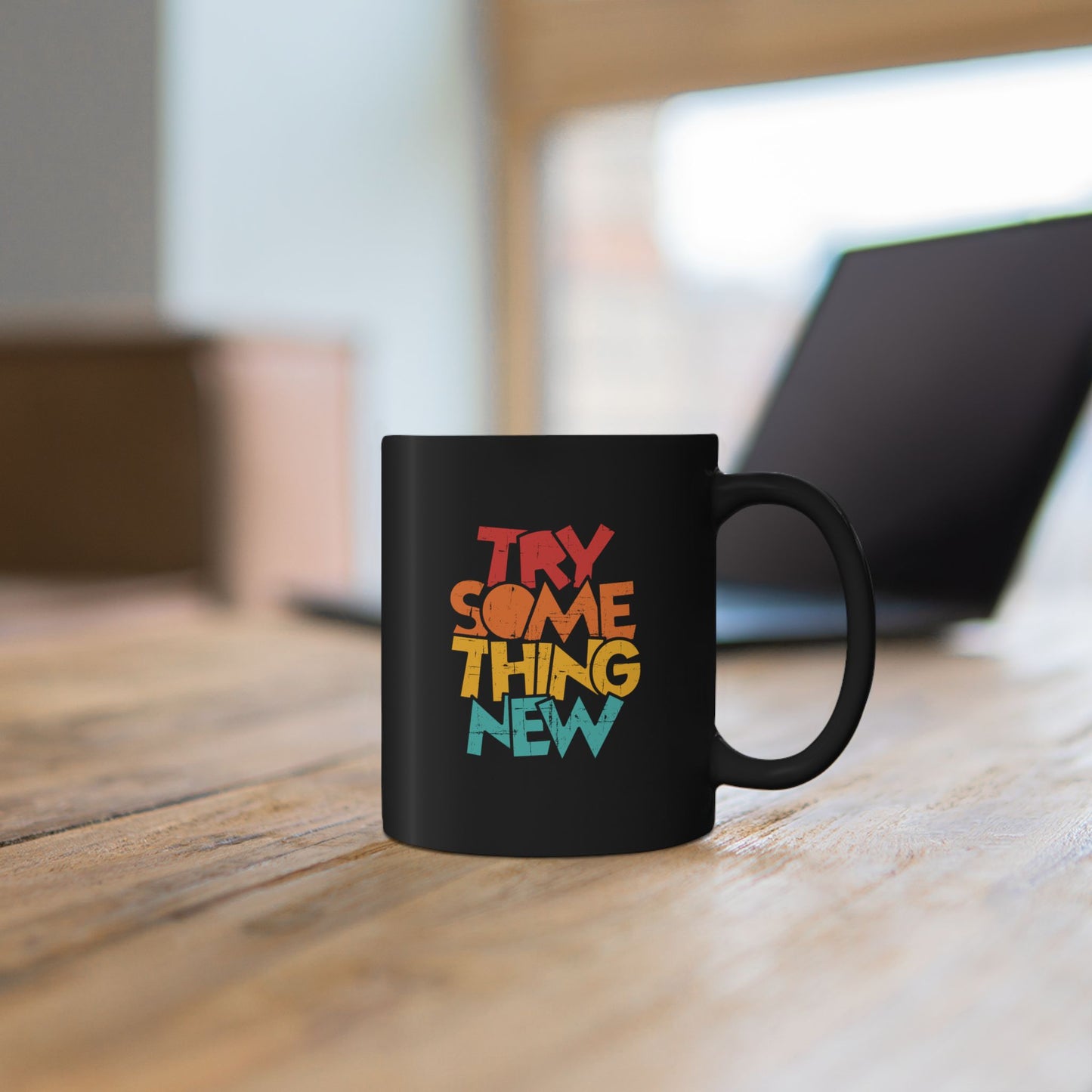 Try Something New Mug | Retro Color Block Typography on Black