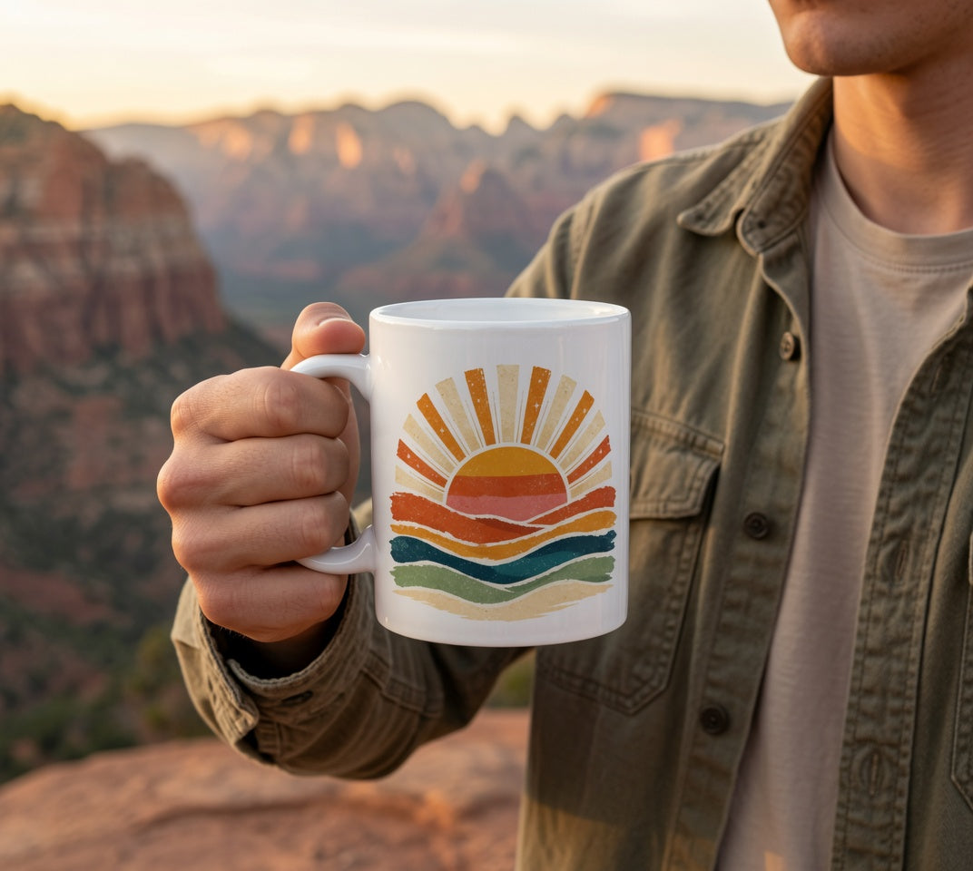 Retro Rainbow Sunburst Mug | Ceramic Coffee Tea Cup
