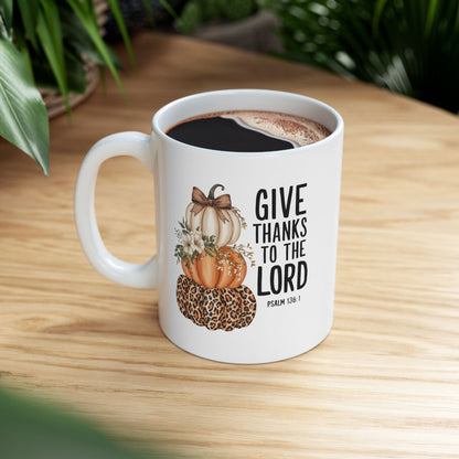 Give Thanks to the Lord Scripture Pumpkin Stack Mug | Fall Christian Coffee Cup