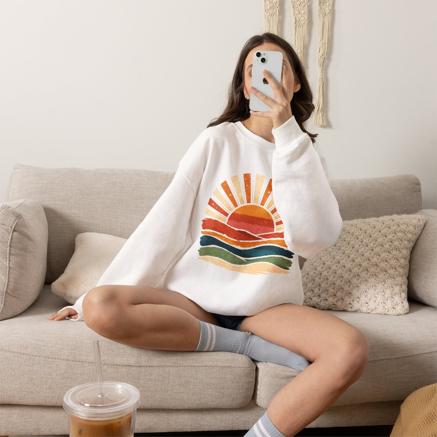 Retro Sunset Waves Sweatshirt | Boho Sun Graphic