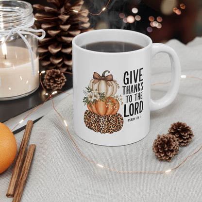Give Thanks to the Lord Scripture Pumpkin Stack Mug | Fall Christian Coffee Cup
