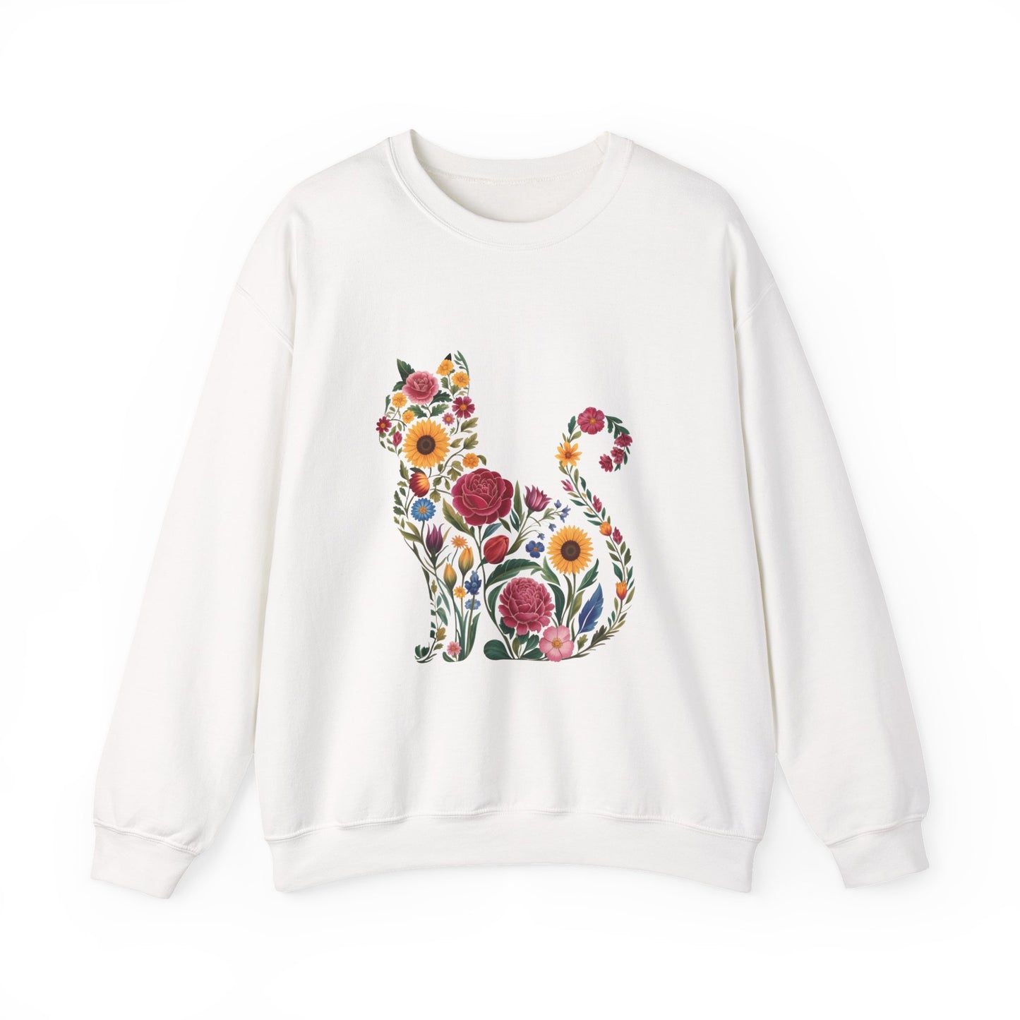 Floral Cat Silhouette Crewneck Sweatshirt | Botanical Kitty Design