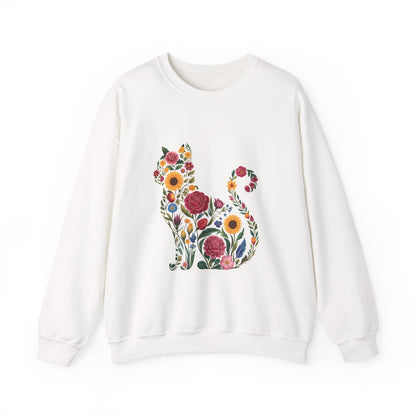 Floral Cat Silhouette Crewneck Sweatshirt | Botanical Kitty Design