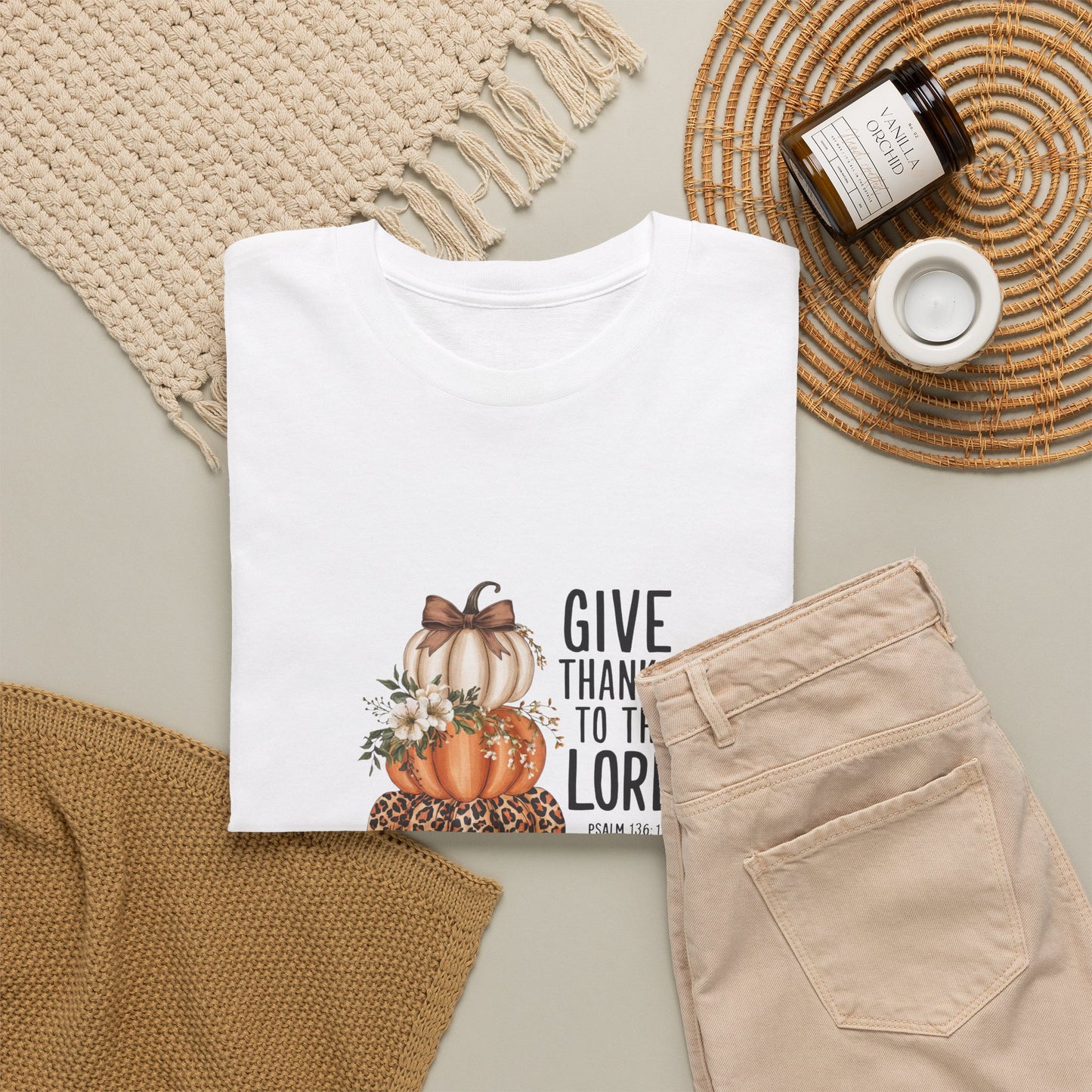 Give Thanks to the Lord Pumpkin Stack T-Shirt | Fall Thanksgiving Religious Tee