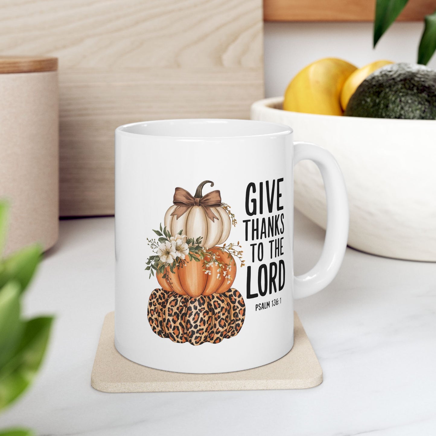 Give Thanks to the Lord Scripture Pumpkin Stack Mug | Fall Christian Coffee Cup