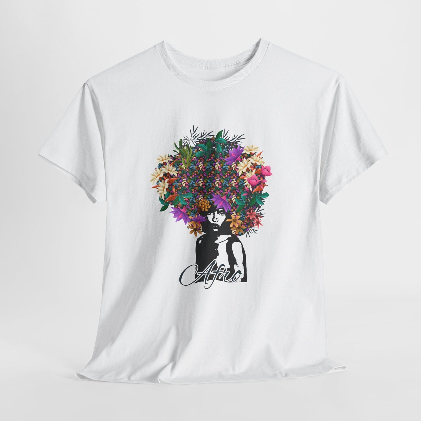 T-Shirt — Floral Afro Art Tee with 'Aloha' Script