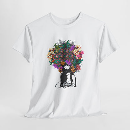 T-Shirt — Floral Afro Art Tee with 'Aloha' Script