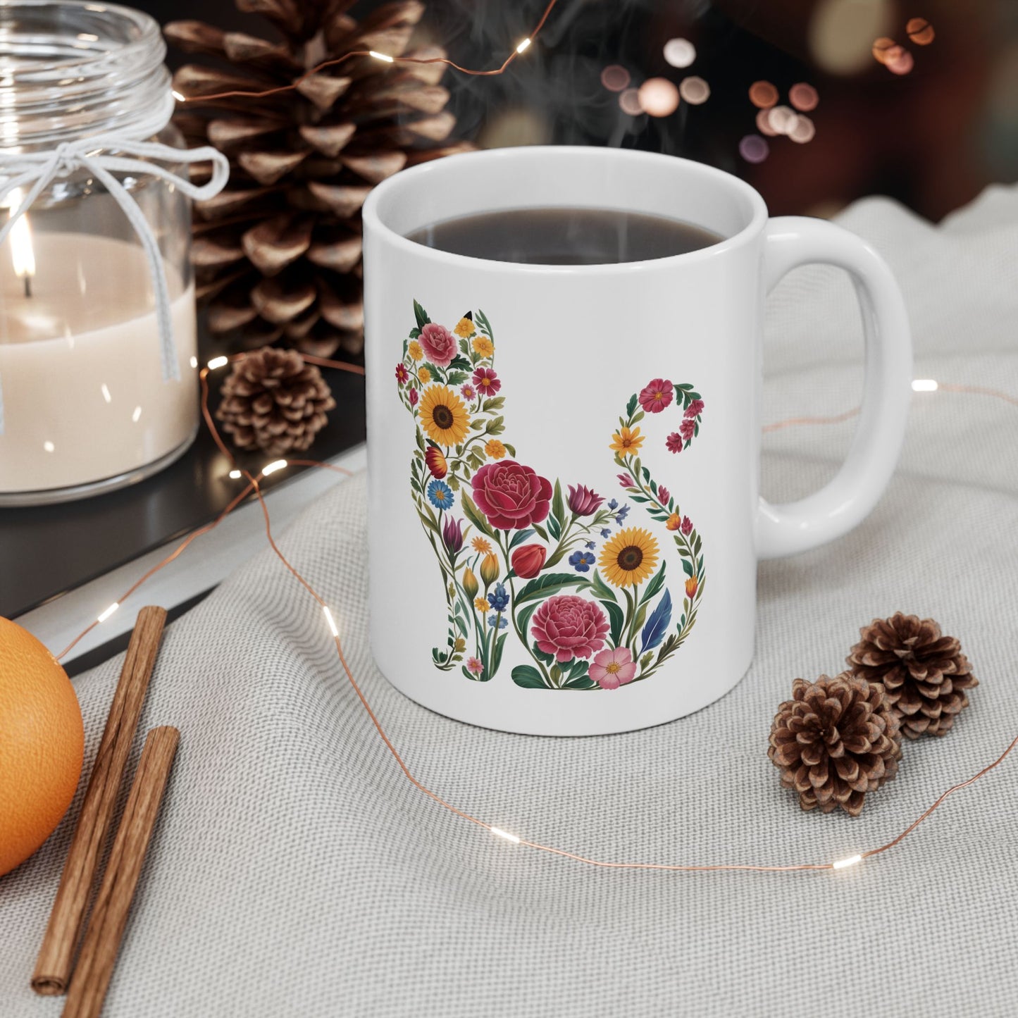 Floral Cat Illustration Mug | Ceramic Coffee Cup