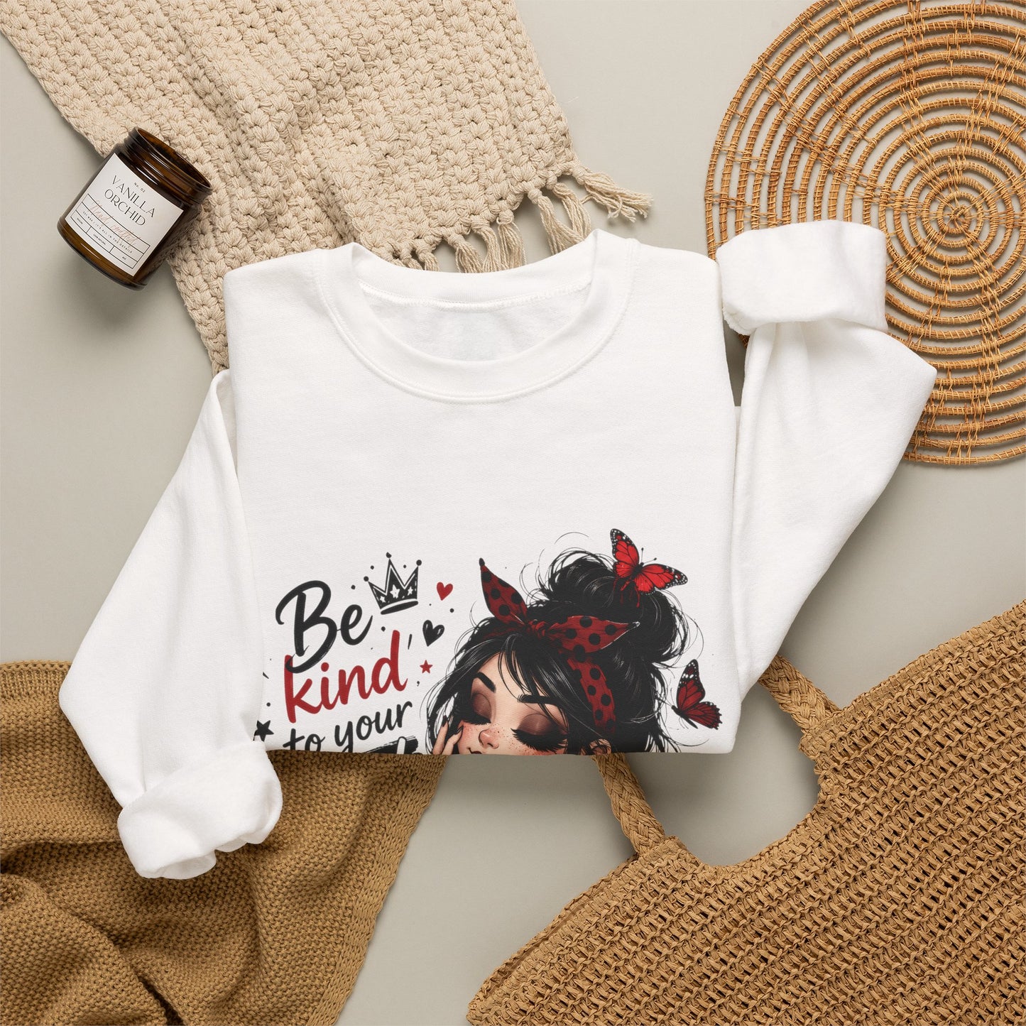 Be Kind to Your Mind illustration Sweatshirt | Girl with Coffee & Butterflies