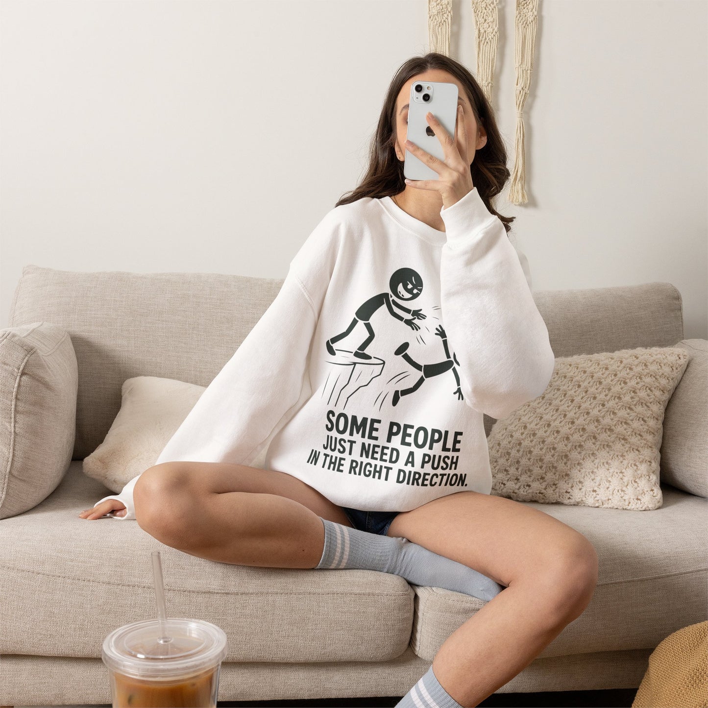 Some People Just Need a Push Sweatshirt | Funny Stick Figure Cliff Illustration