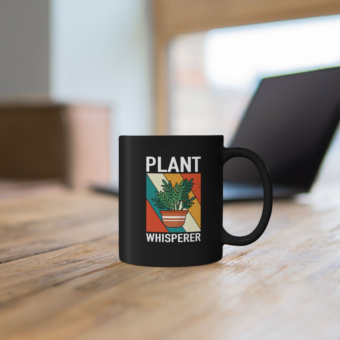 Plant Whisperer Mug | Black Ceramic Coffee Cup, Retro Potted Plant Design