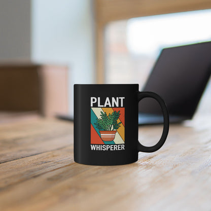 Plant Whisperer Mug | Black Ceramic Coffee Cup, Retro Potted Plant Design