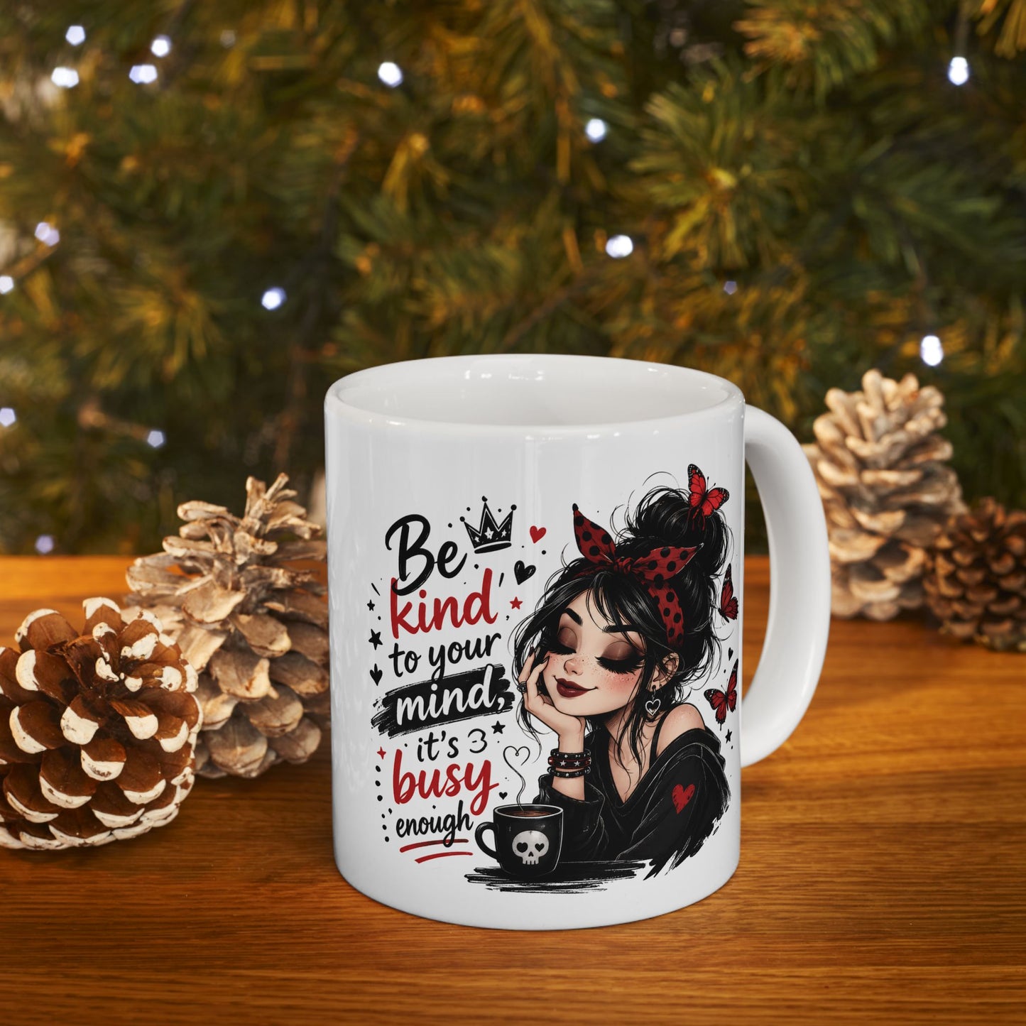 Be Kind to Your Mind Mug | Woman with Butterflies Ceramic Coffee Cup