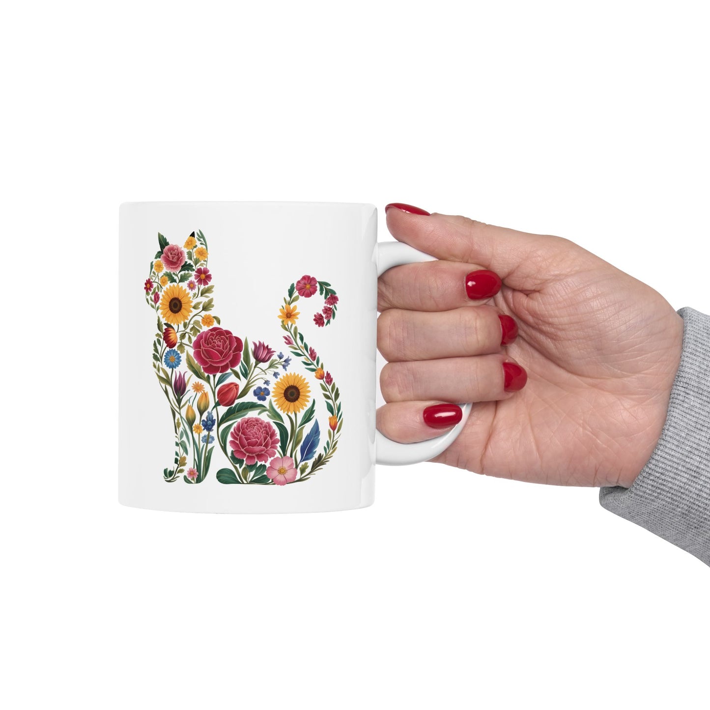 Floral Cat Illustration Mug | Ceramic Coffee Cup