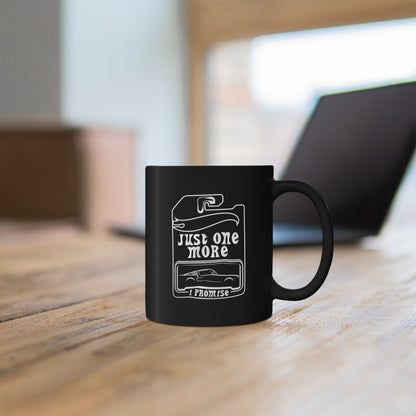 Just One More Mug | Black Ceramic Coffee Mug, Retro Camper Design