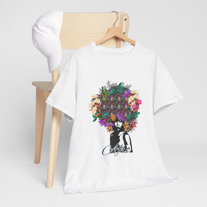 T-Shirt — Floral Afro Art Tee with 'Aloha' Script