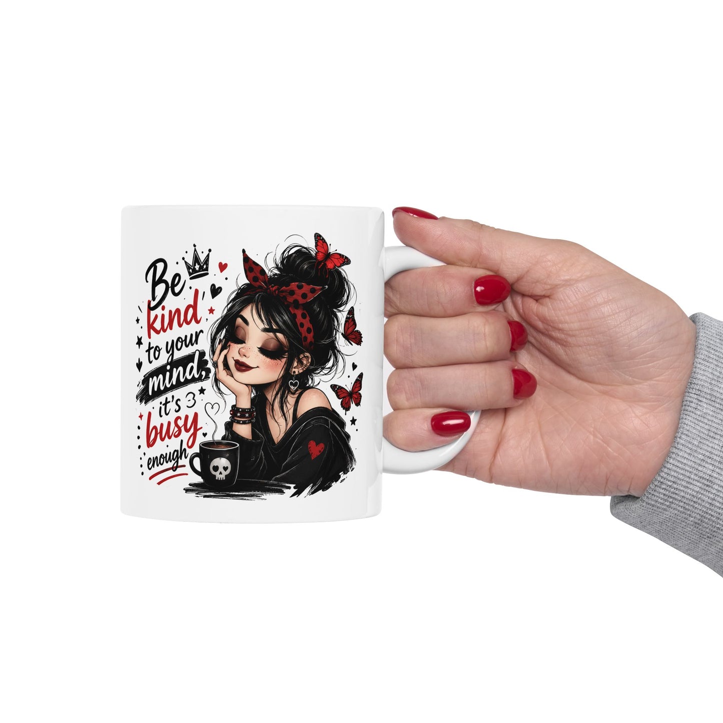 Be Kind to Your Mind Mug | Woman with Butterflies Ceramic Coffee Cup