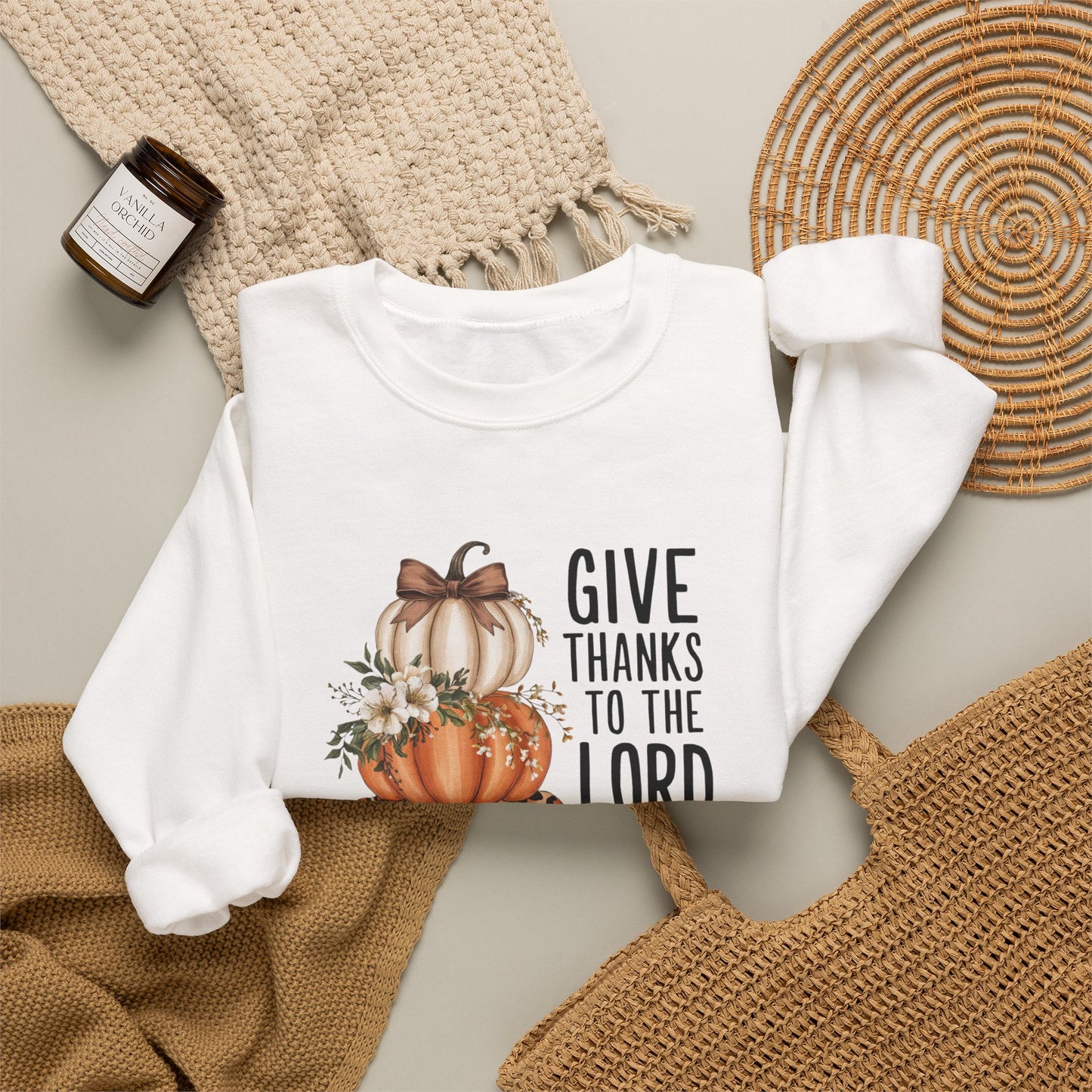 Give Thanks to the Lord Pumpkin Stack Sweatshirt | Fall Christian Thanksgiving