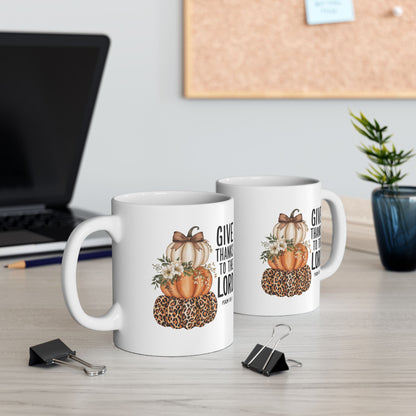 Give Thanks to the Lord Scripture Pumpkin Stack Mug | Fall Christian Coffee Cup