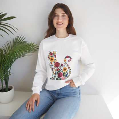 Floral Cat Silhouette Crewneck Sweatshirt | Botanical Kitty Design
