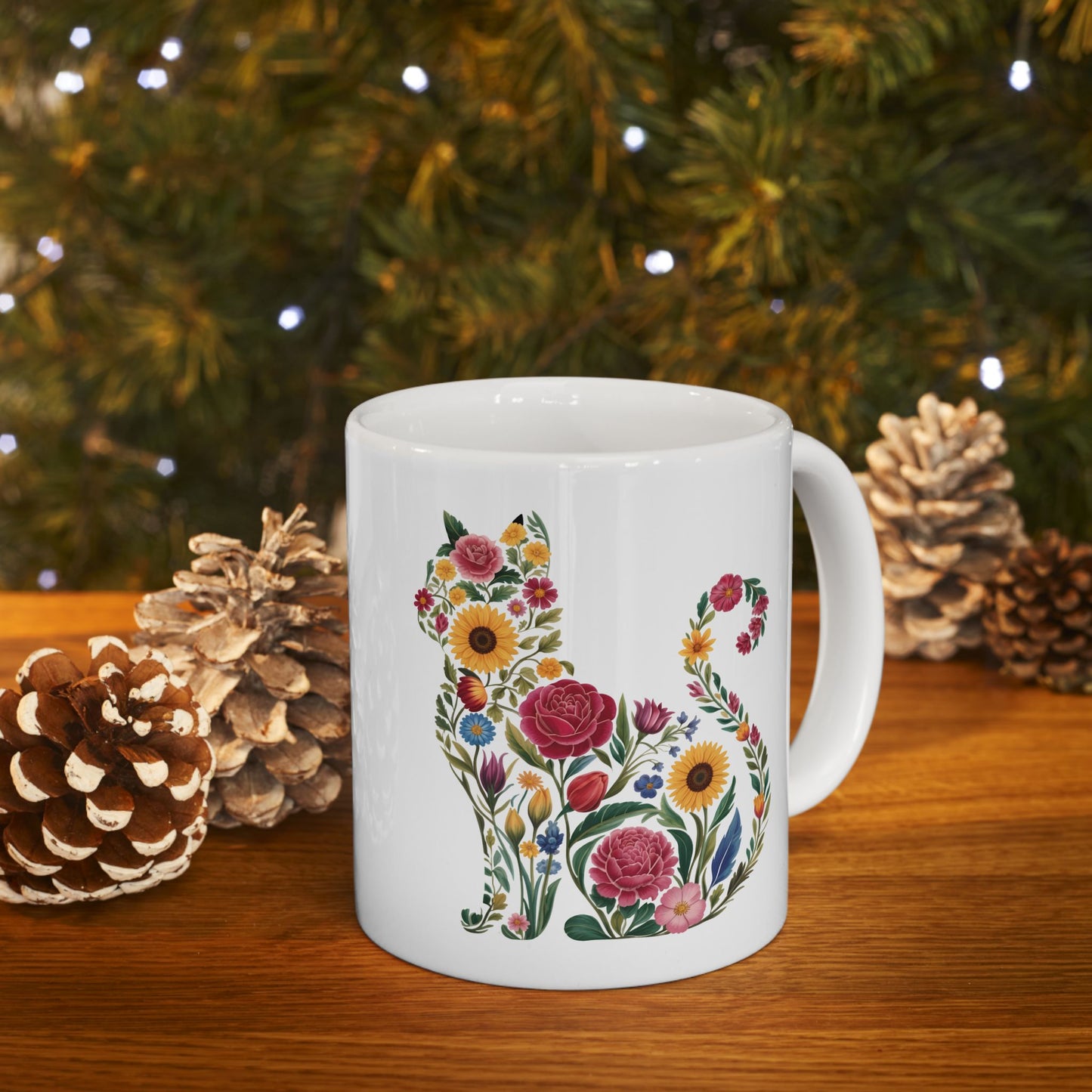 Floral Cat Illustration Mug | Ceramic Coffee Cup