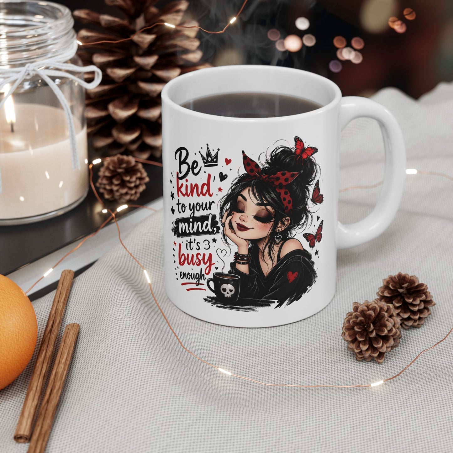 Be Kind to Your Mind Mug | Woman with Butterflies Ceramic Coffee Cup