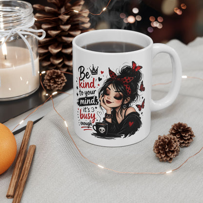 Be Kind to Your Mind Mug | Woman with Butterflies Ceramic Coffee Cup