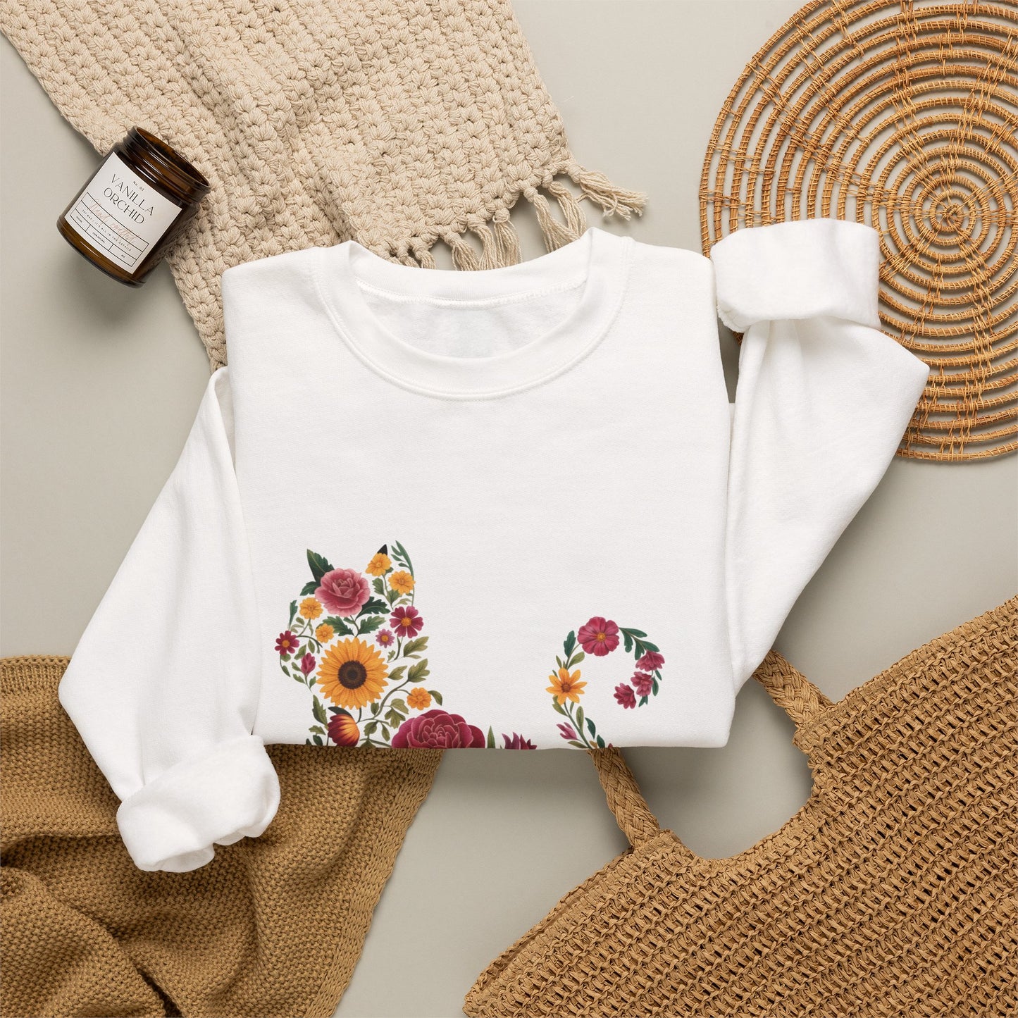 Floral Cat Silhouette Crewneck Sweatshirt | Botanical Kitty Design