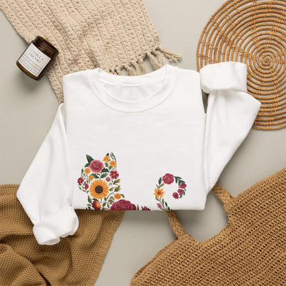 Floral Cat Silhouette Crewneck Sweatshirt | Botanical Kitty Design