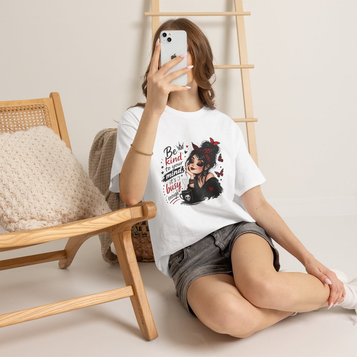 T-Shirt — Be Kind To Your Mind Graphic Tee (Goth Girl, Butterflies & Coffee)