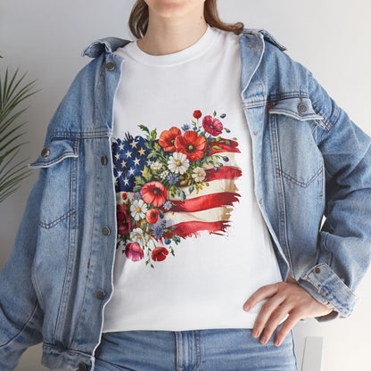Floral American Flag Tee | Patriotic Flowers, USA Flag Shirt