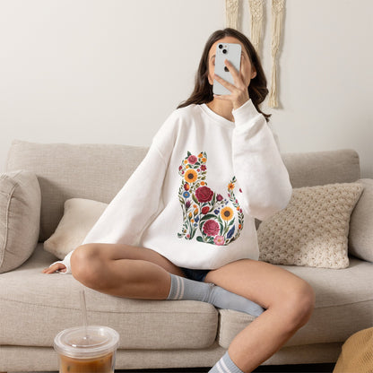 Floral Cat Silhouette Crewneck Sweatshirt | Botanical Kitty Design