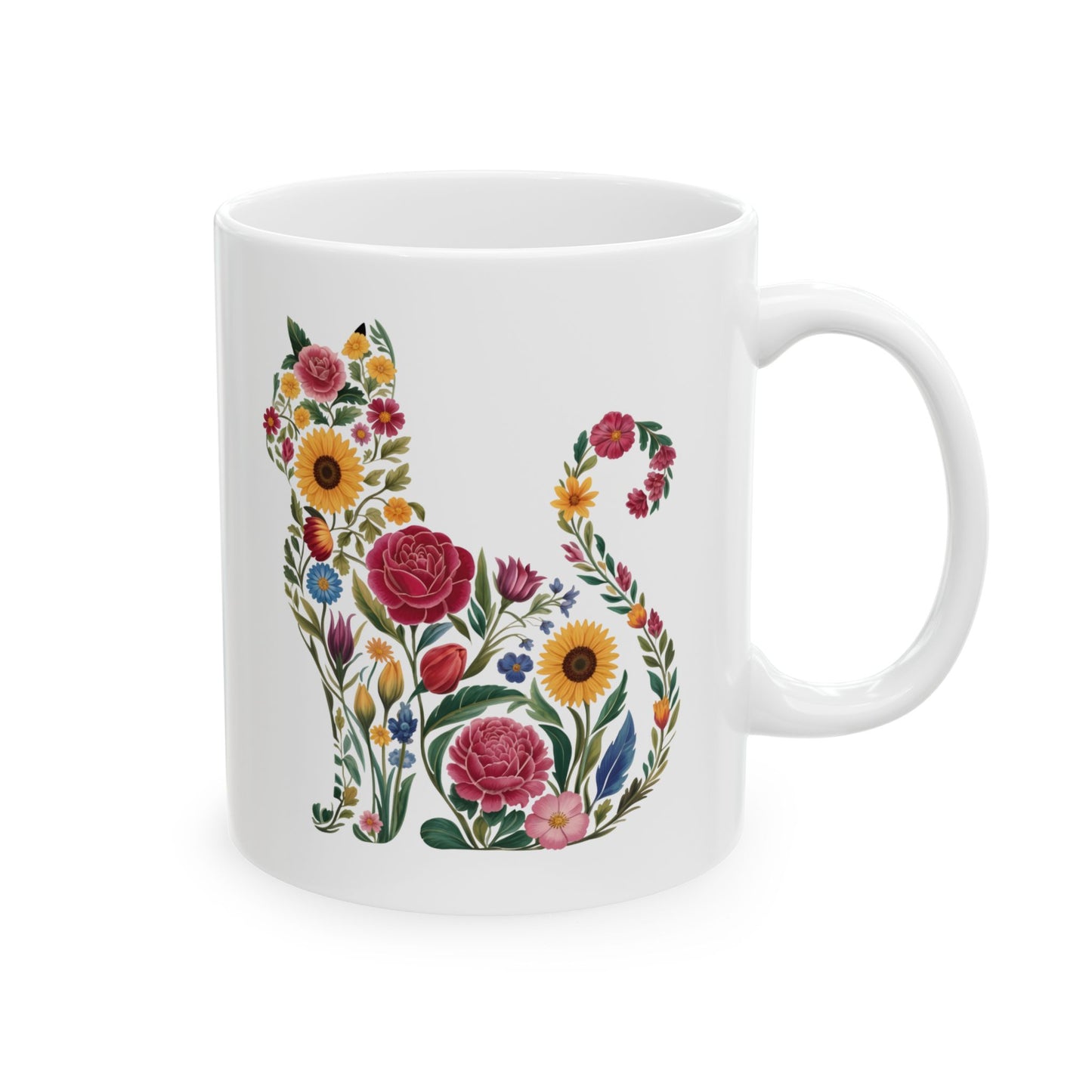 Floral Cat Illustration Mug | Ceramic Coffee Cup