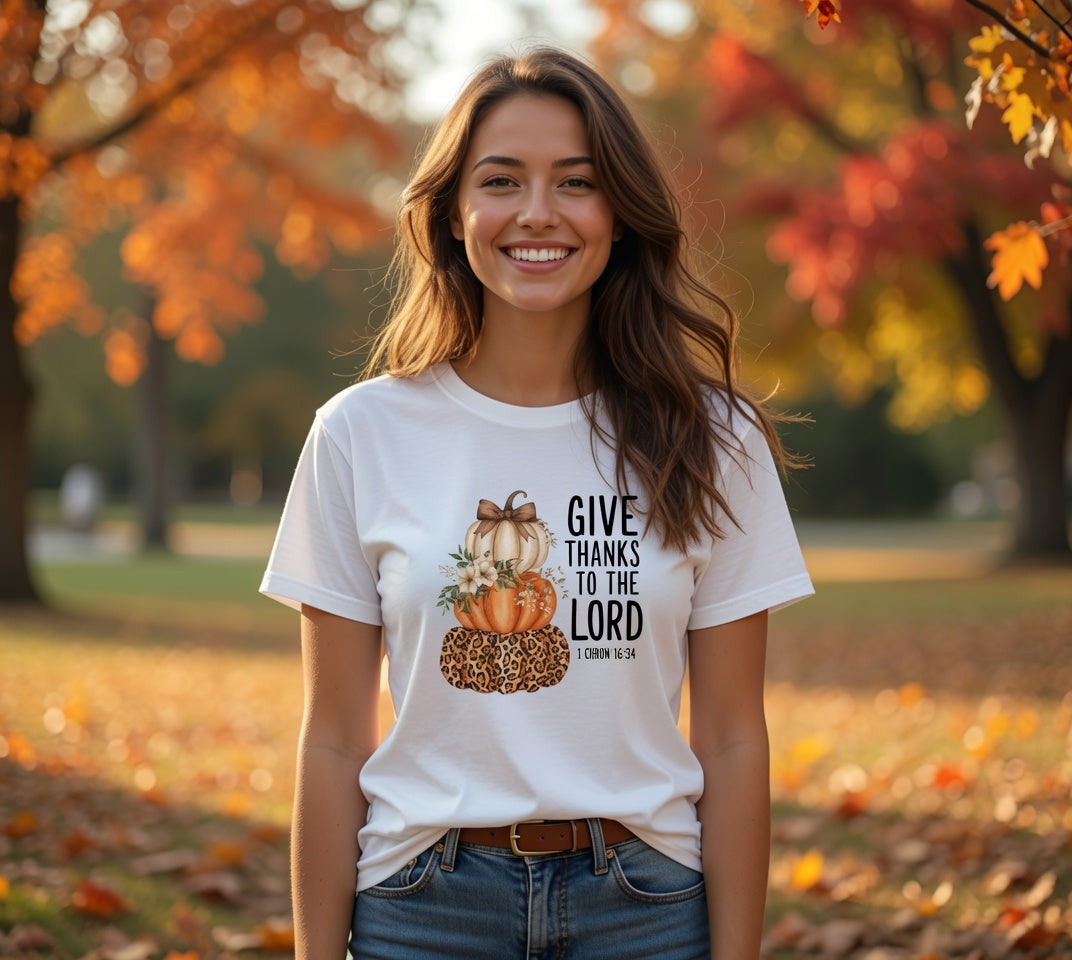 Give Thanks to the Lord Pumpkin Stack T-Shirt | Fall Thanksgiving Religious Tee