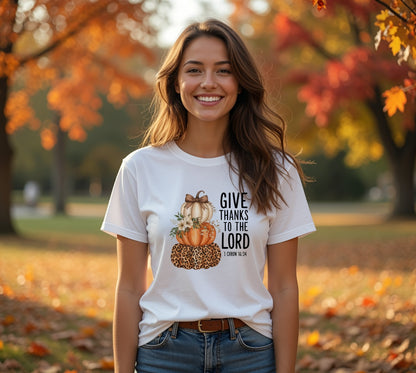 Give Thanks to the Lord Pumpkin Stack T-Shirt | Fall Thanksgiving Religious Tee