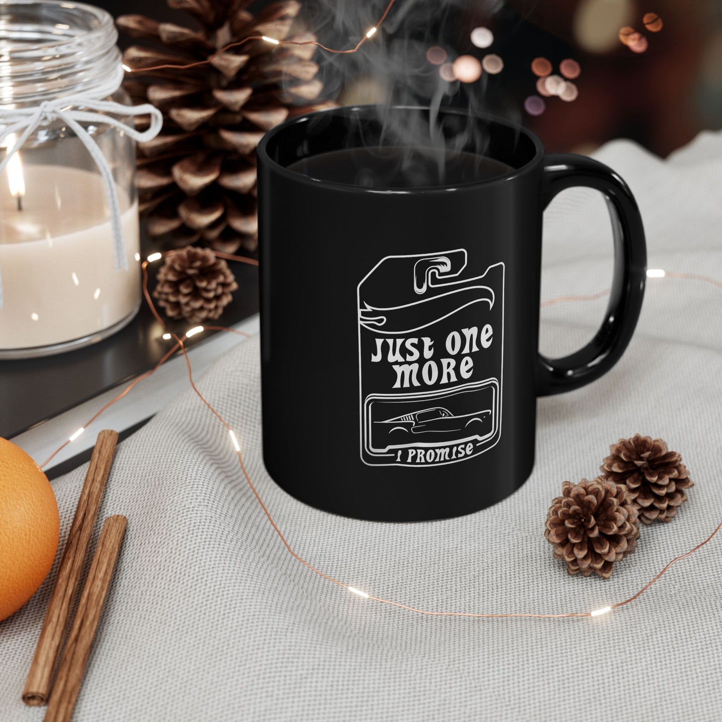 Just One More Mug | Black Ceramic Coffee Mug, Retro Camper Design
