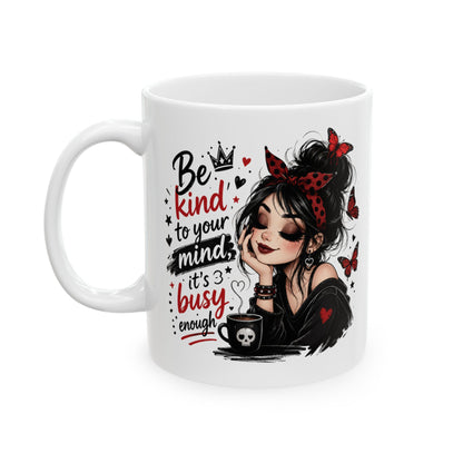 Be Kind to Your Mind Mug | Woman with Butterflies Ceramic Coffee Cup