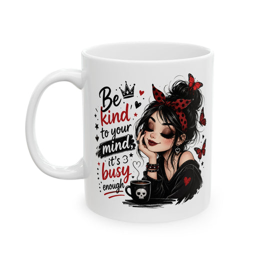 Be Kind to Your Mind Mug | Woman with Butterflies Ceramic Coffee Cup