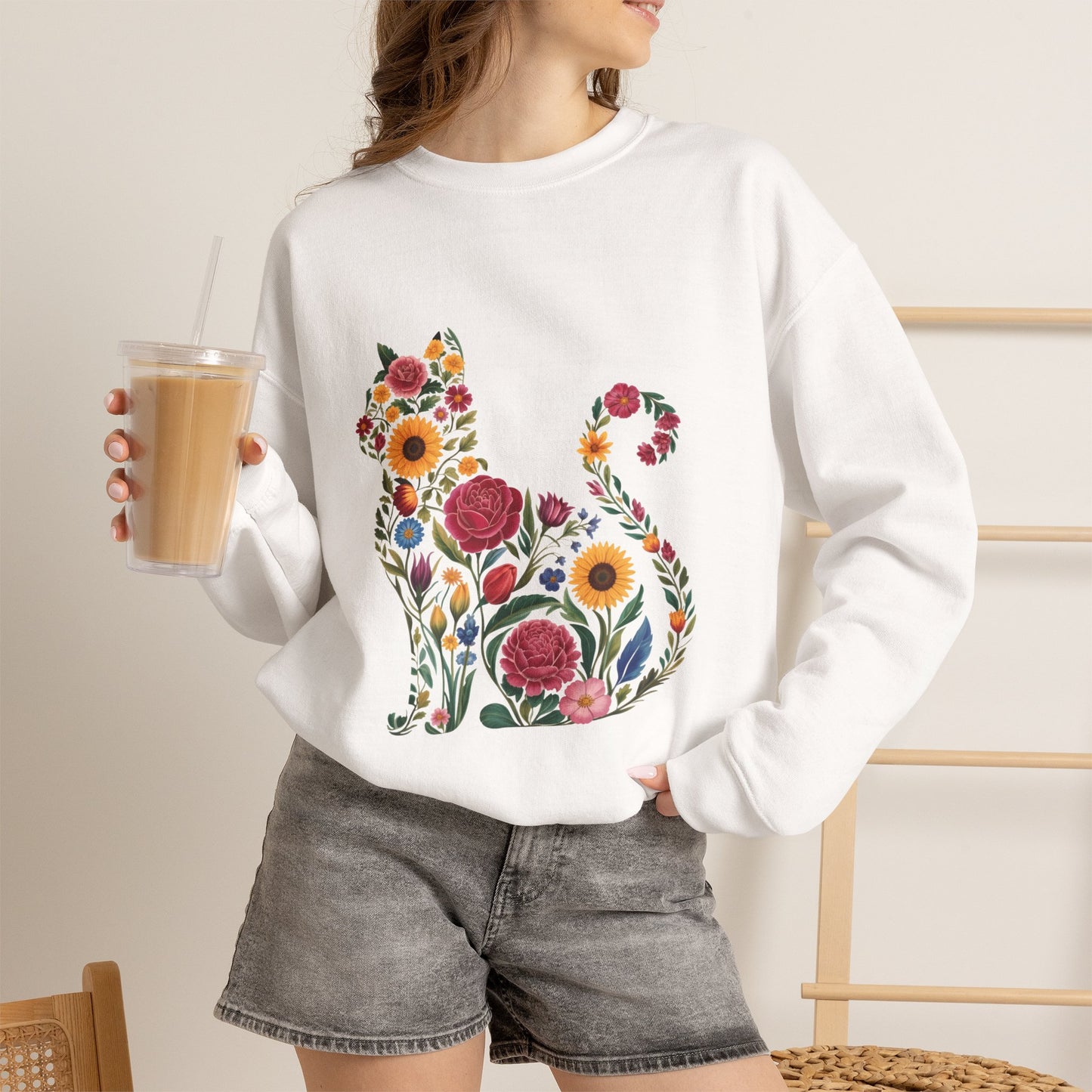 Floral Cat Silhouette Crewneck Sweatshirt | Botanical Kitty Design