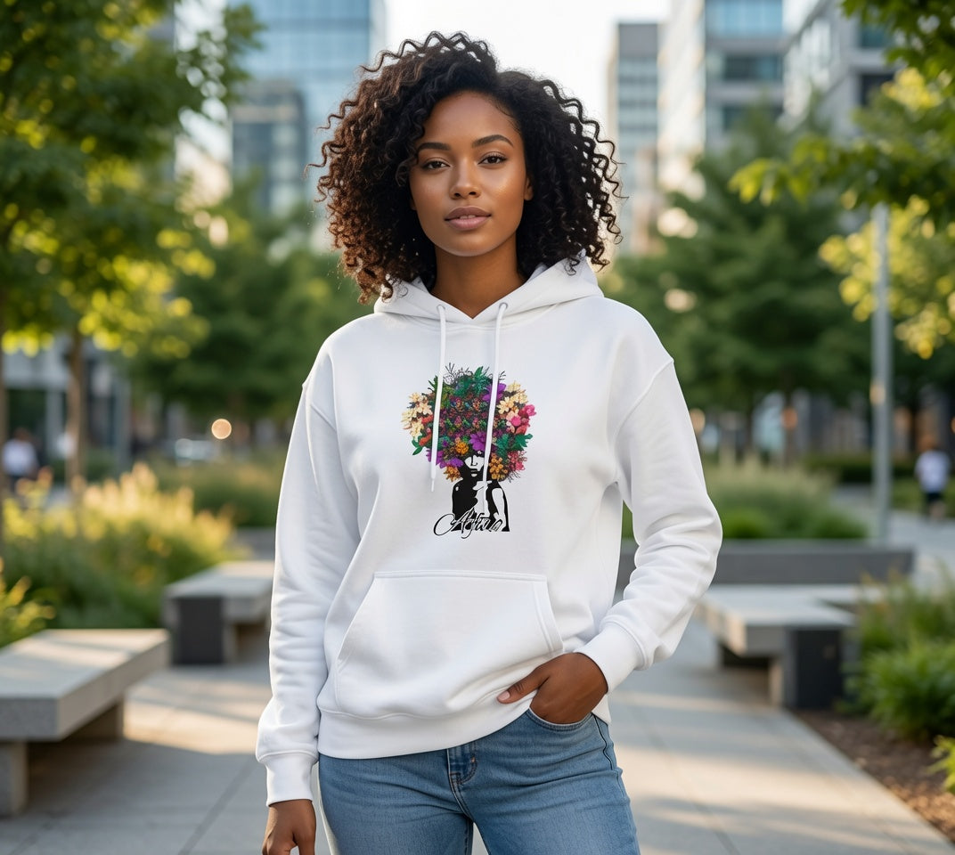 Woman with Flower Hair Hoodie | Colorful Floral Portrait Sweatshirt