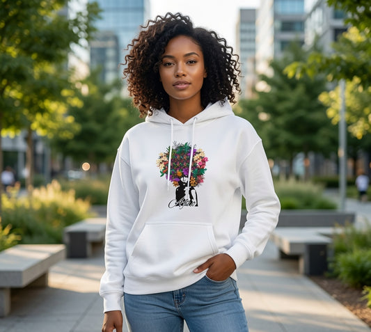 Woman with Flower Hair Hoodie | Colorful Floral Portrait Sweatshirt