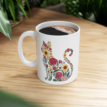 Floral Cat Illustration Mug | Ceramic Coffee Cup