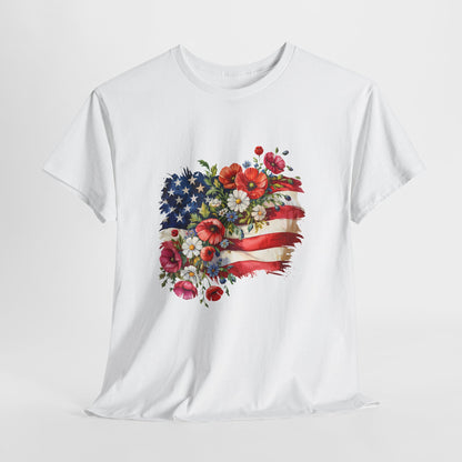 Floral American Flag Tee | Patriotic Flowers, USA Flag Shirt
