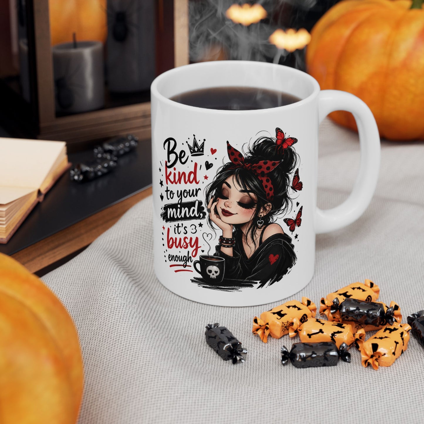 Be Kind to Your Mind Mug | Woman with Butterflies Ceramic Coffee Cup