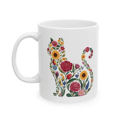 Floral Cat Illustration Mug | Ceramic Coffee Cup