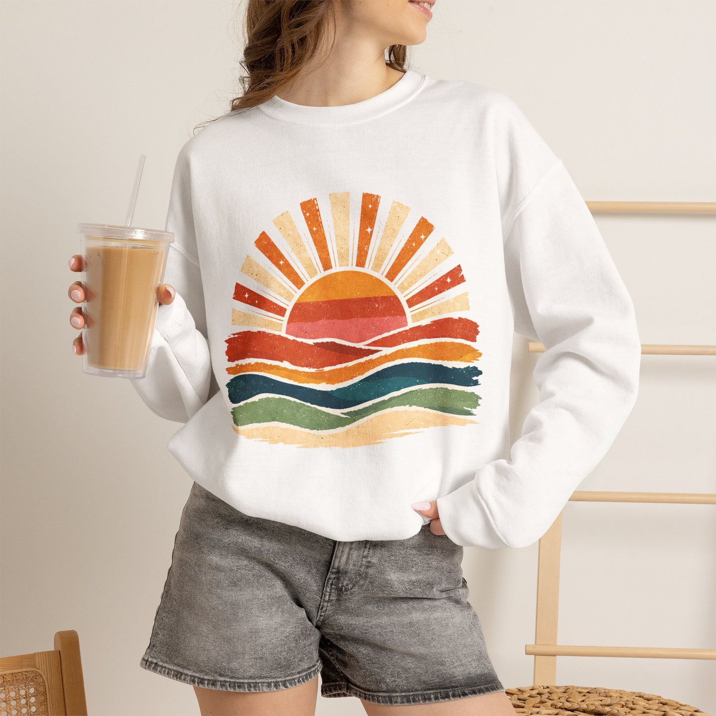 Retro Sunset Waves Sweatshirt | Boho Sun Graphic