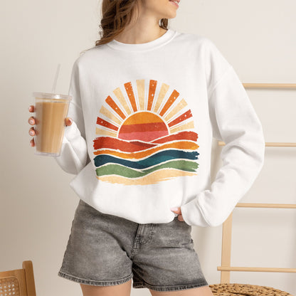 Retro Sunset Waves Sweatshirt | Boho Sun Graphic