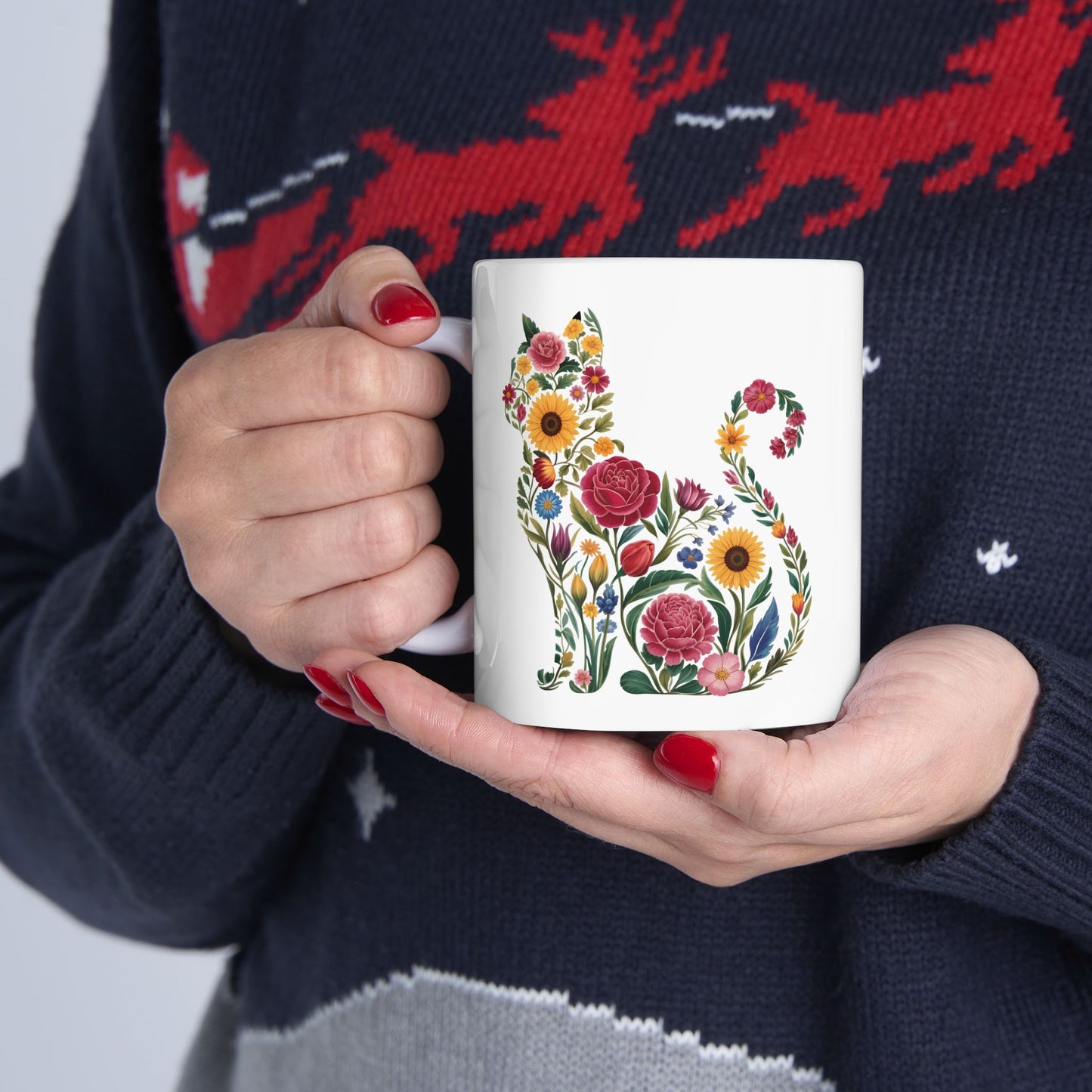 Floral Cat Illustration Mug | Ceramic Coffee Cup