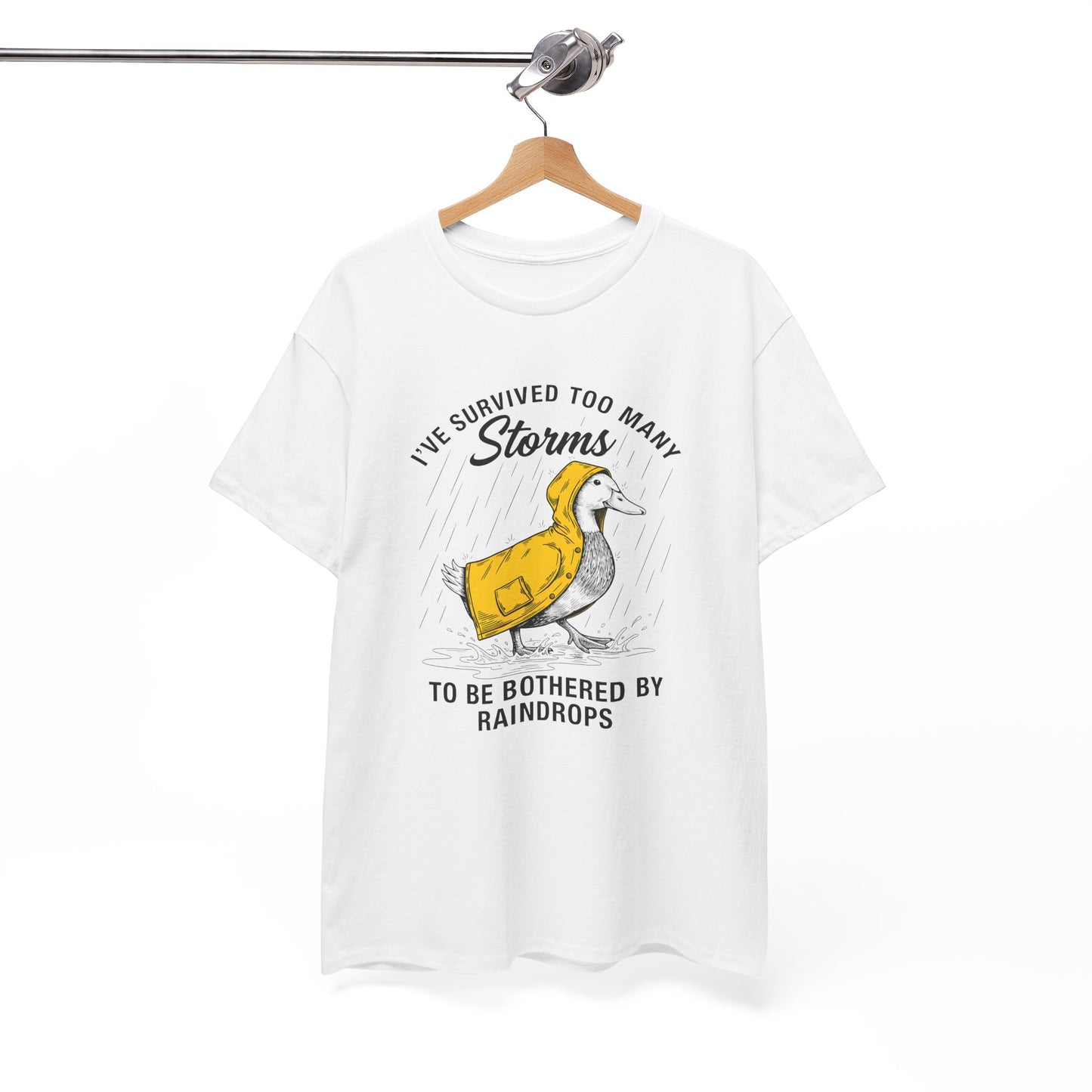 Survived Too Many Storms Duck Tee | Humorous Raincoat Duck Illustration