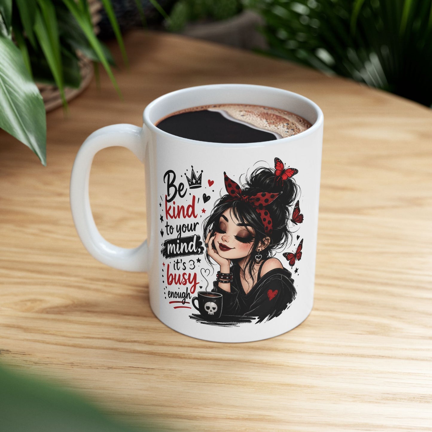Be Kind to Your Mind Mug | Woman with Butterflies Ceramic Coffee Cup